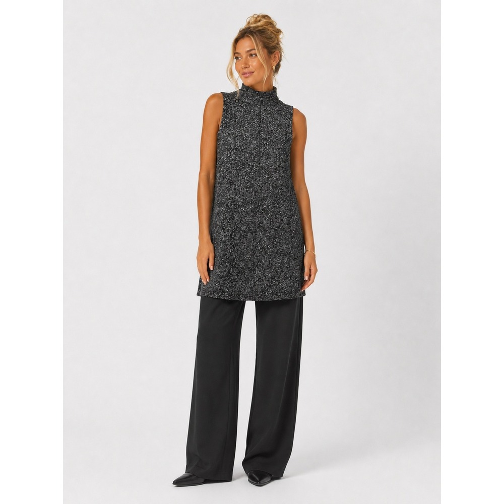 Robert Kitchen Marled Black White Sleeveless Mock Neck Tunic Sweater NWT